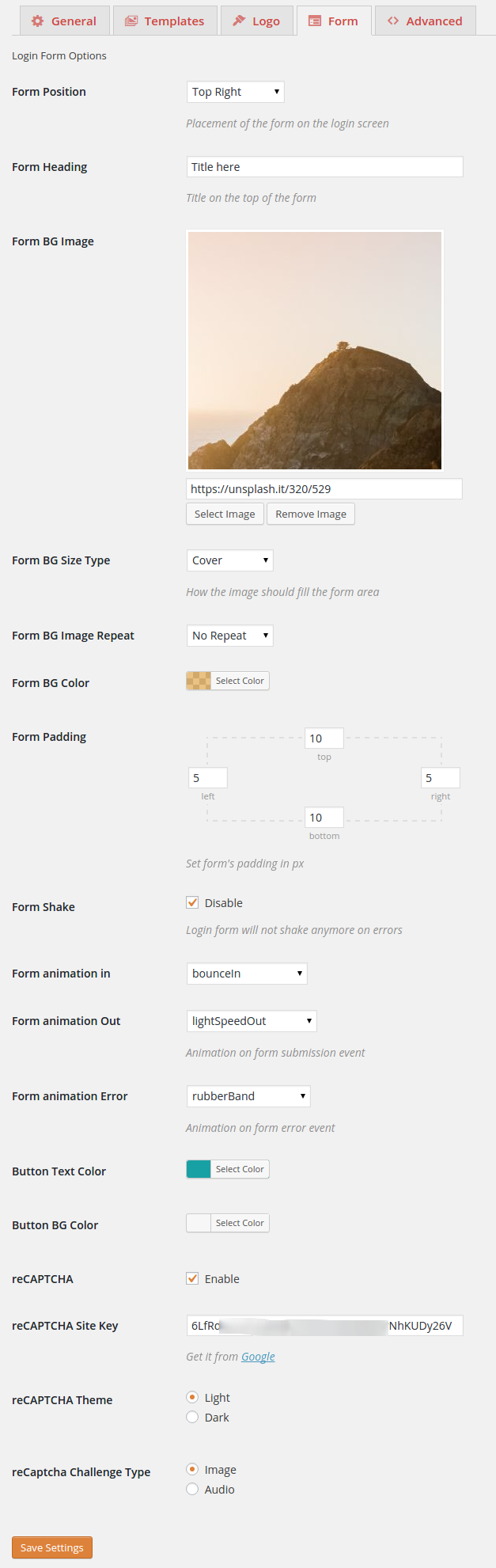 Form Options. Choose position of the form on the login screen. Add Heading/message. Pick image or background color. Add and customize reCAPTCHA etc.