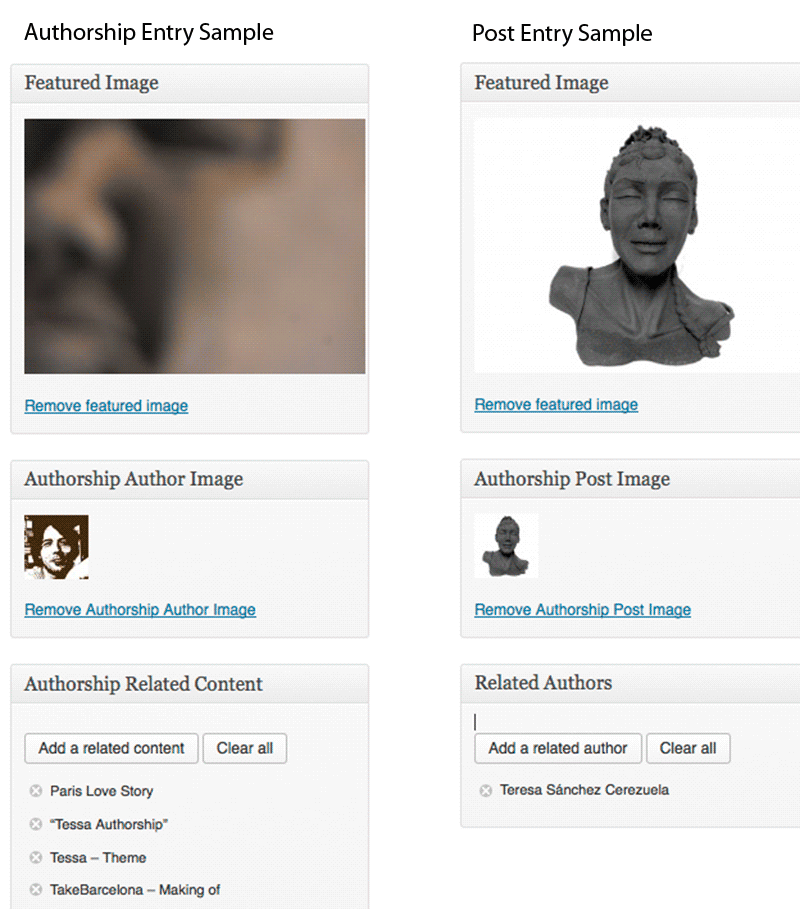 Configuration of thumbnails and relations for an authorship entry and a post entry