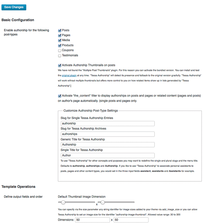Part of the Settings page for the plugin