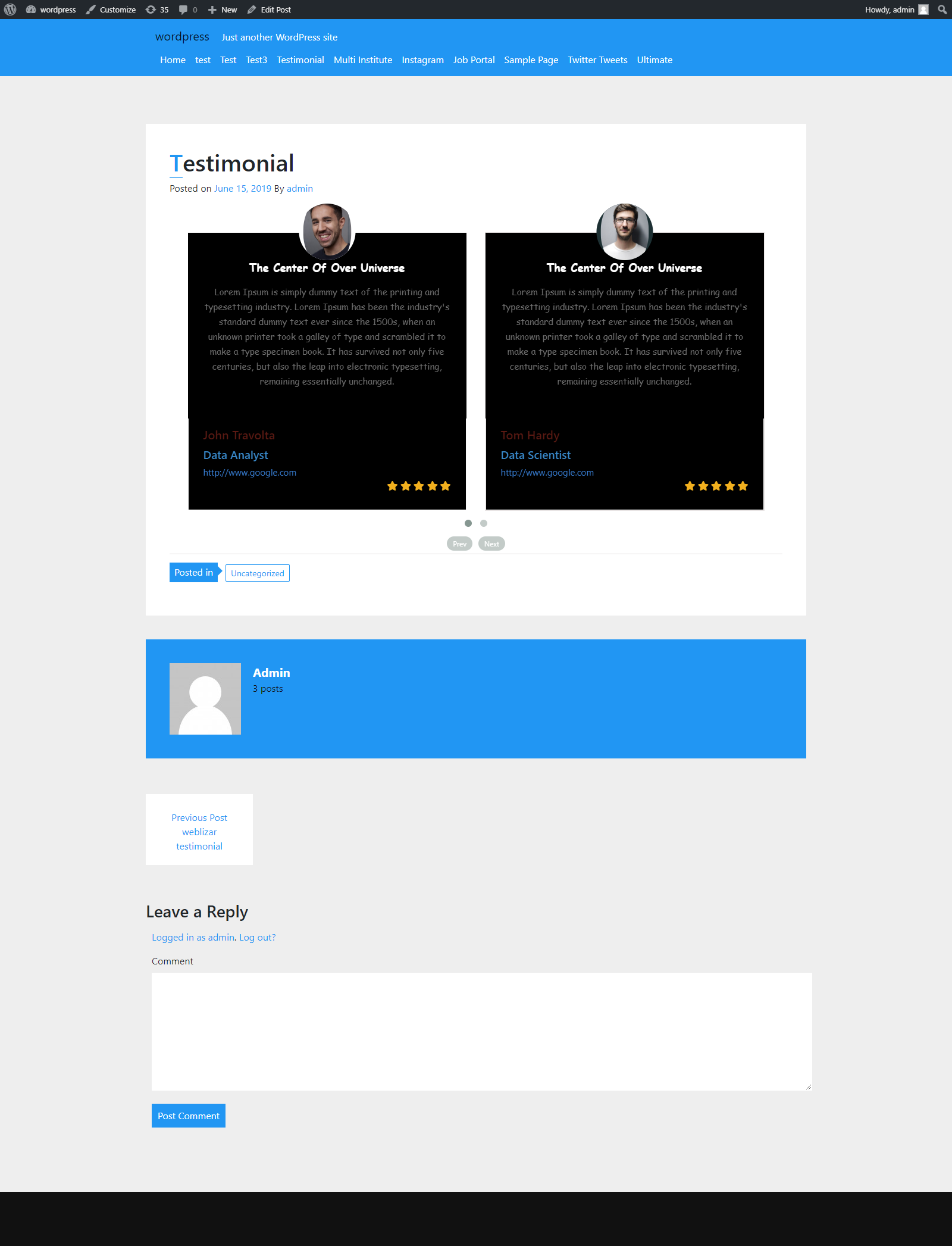 Testimonial Preview in a Post