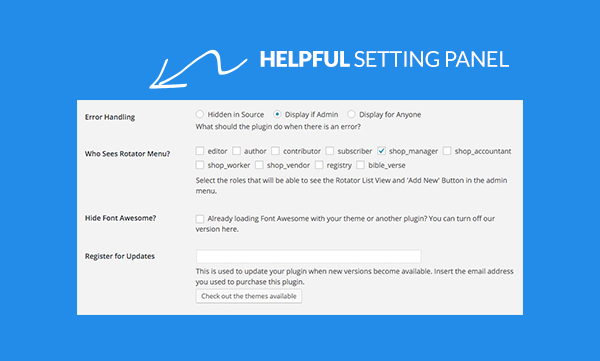 Settings area where you can customize error handling and hide Font Awesome if you need to.