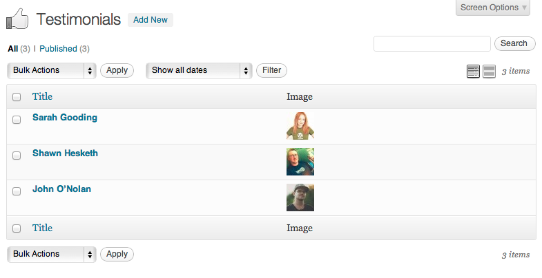The testimonials management screen within the WordPress admin.