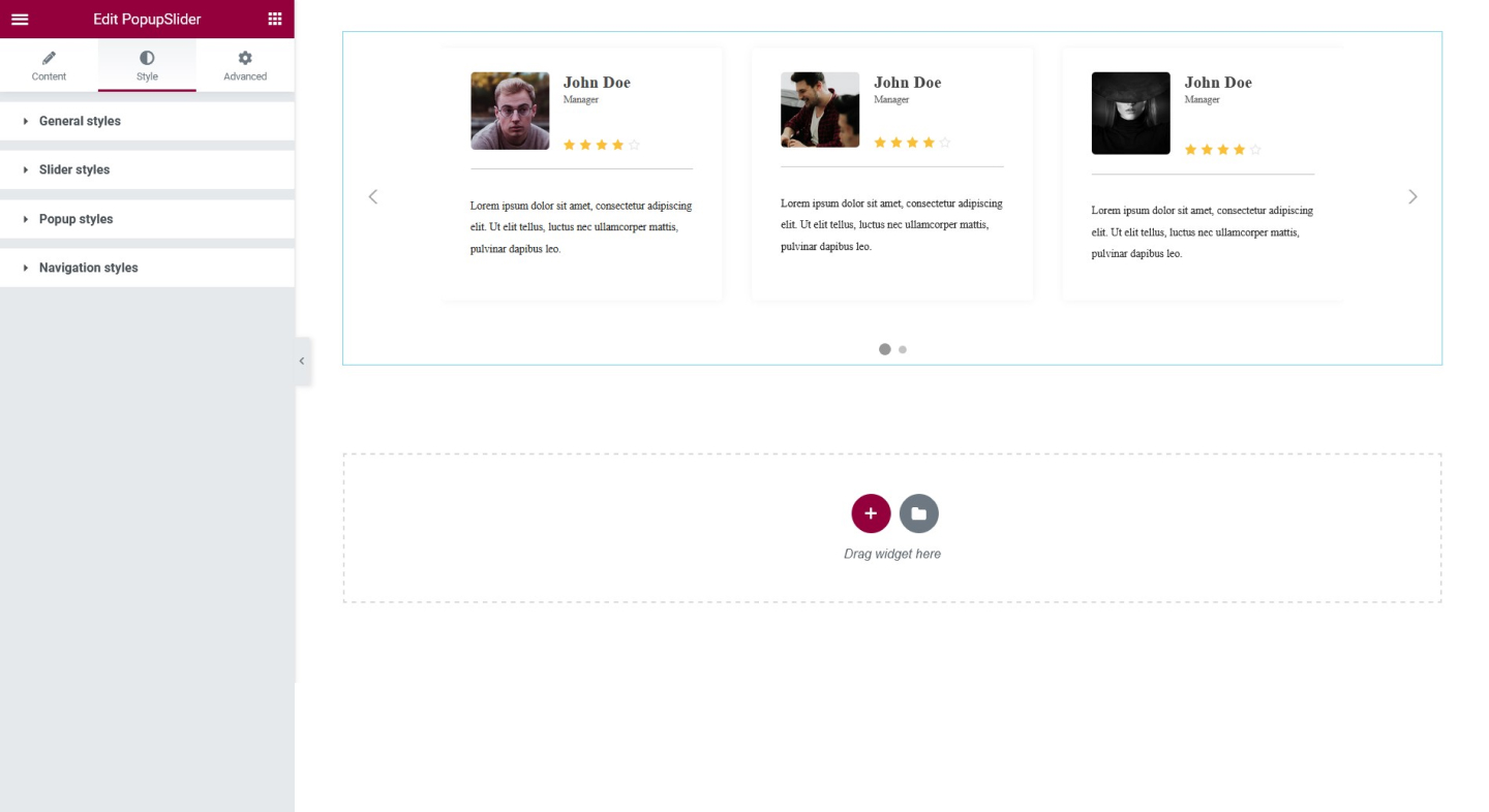 Front-end design of Elementor testimonial carousel