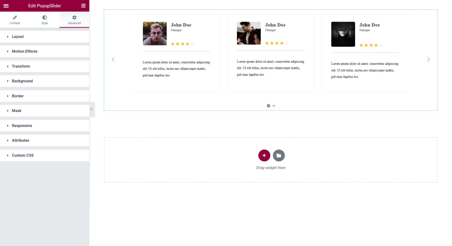 Front-end design of Elementor testimonial widget with open review
