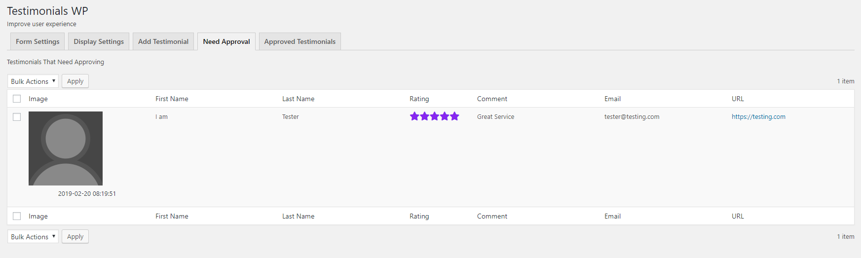 WP-Admin Testimonials Needing Approval