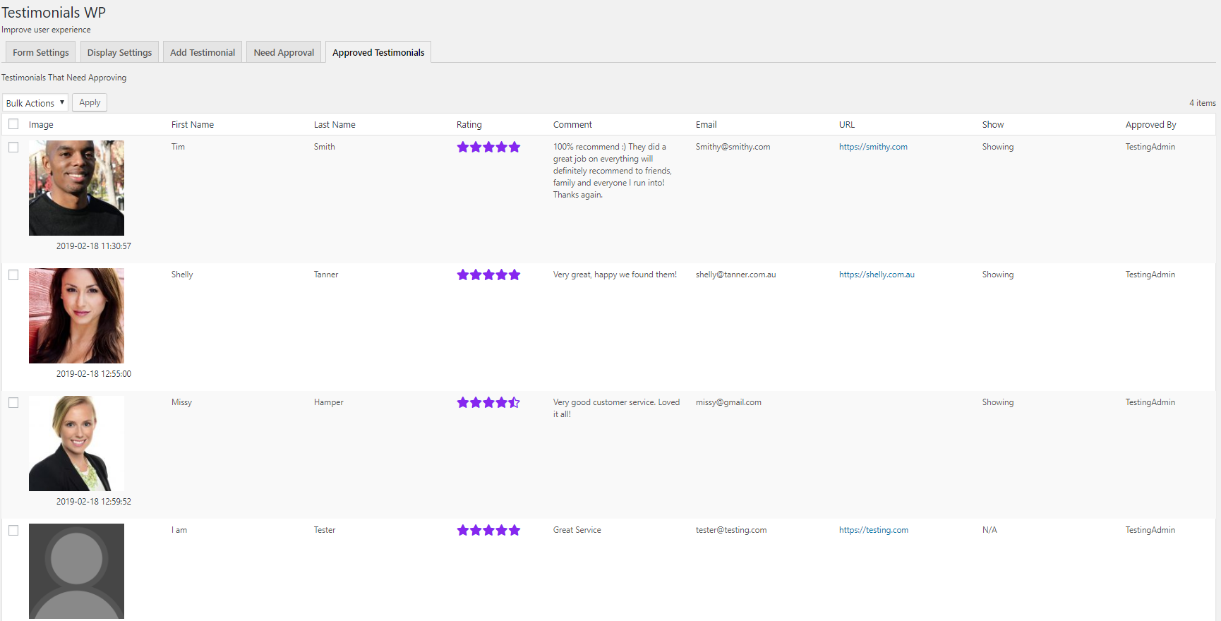 WP-Admin Testimonials Approved