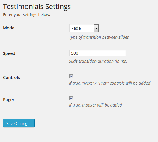 Testimonial Settings Page