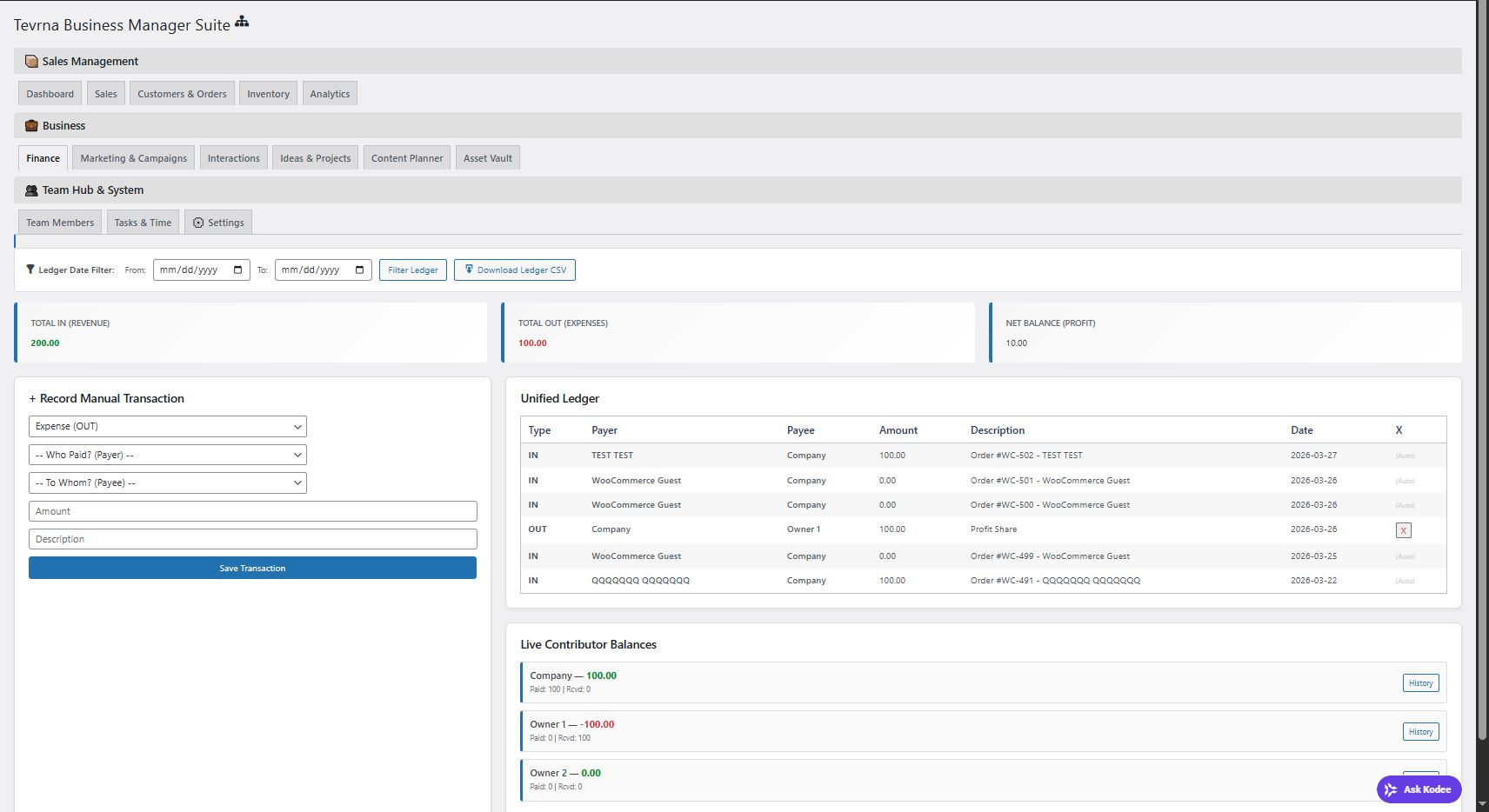 The CRM Customer Profile view, showing full order history and notes.