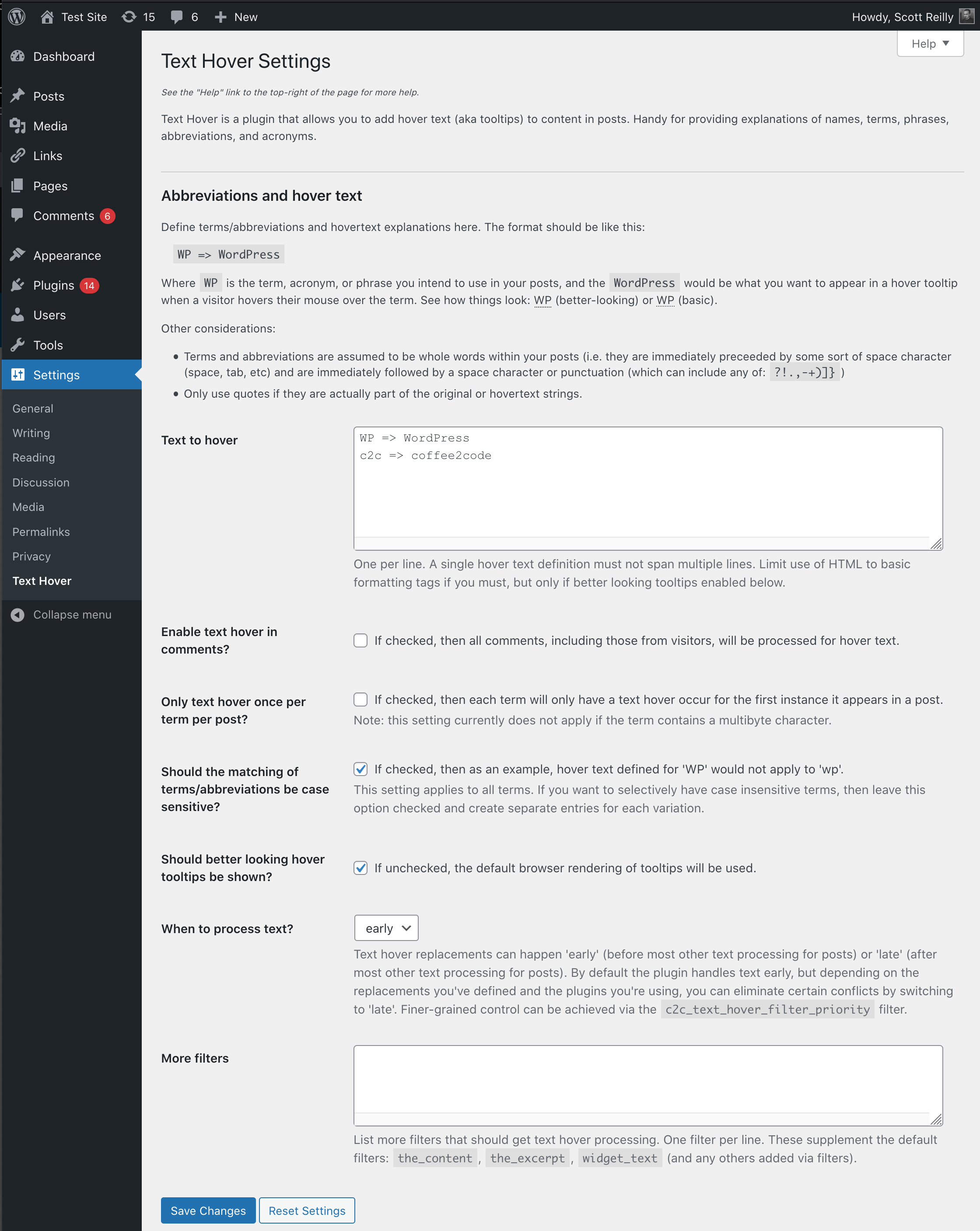 The admin options page for the plugin, where you define the terms/acronyms/phrases and their related hover text