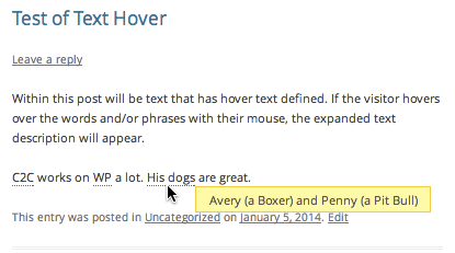 The plugin in action for a post when the mouse is hovering over a defined hover text term using the pretty tooltips
