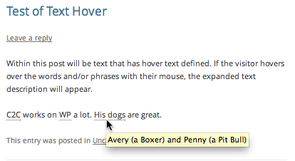 The plugin in action for a post when the mouse is hovering over a defined hover text term using default browser tooltips (in this case, Chrome on OSX)