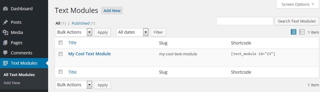 **List table** - Here you can see all text modules together with their individual slug and shortcode.