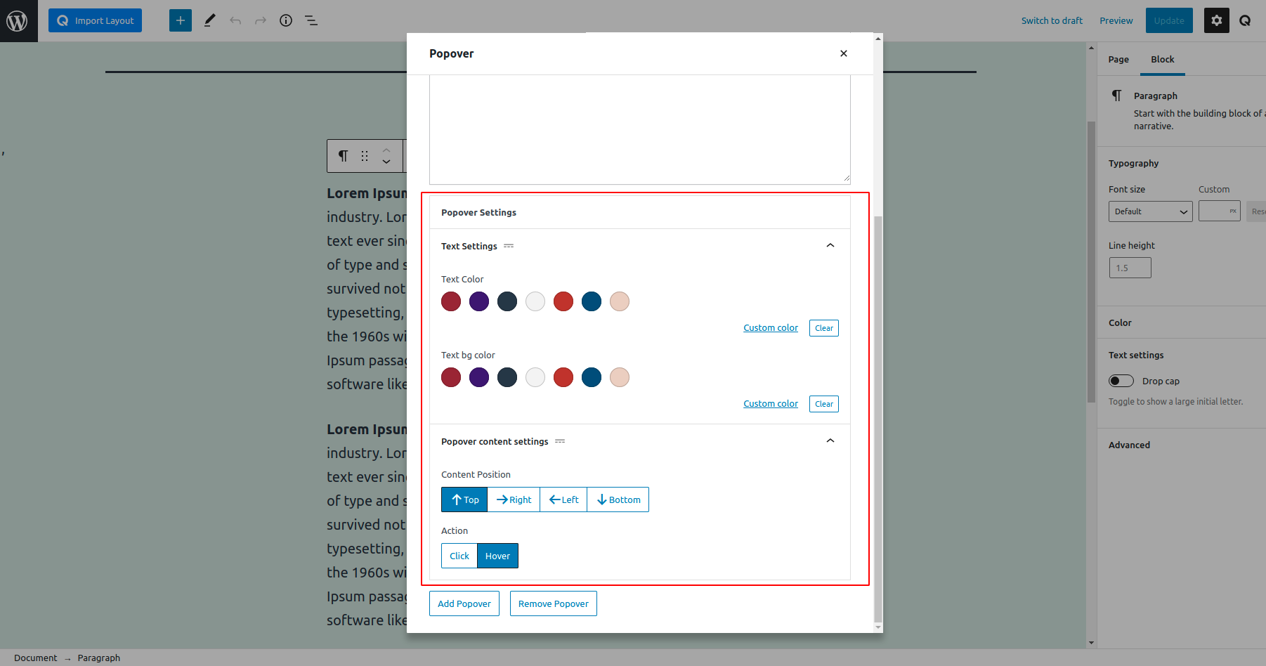 Popover Settings.