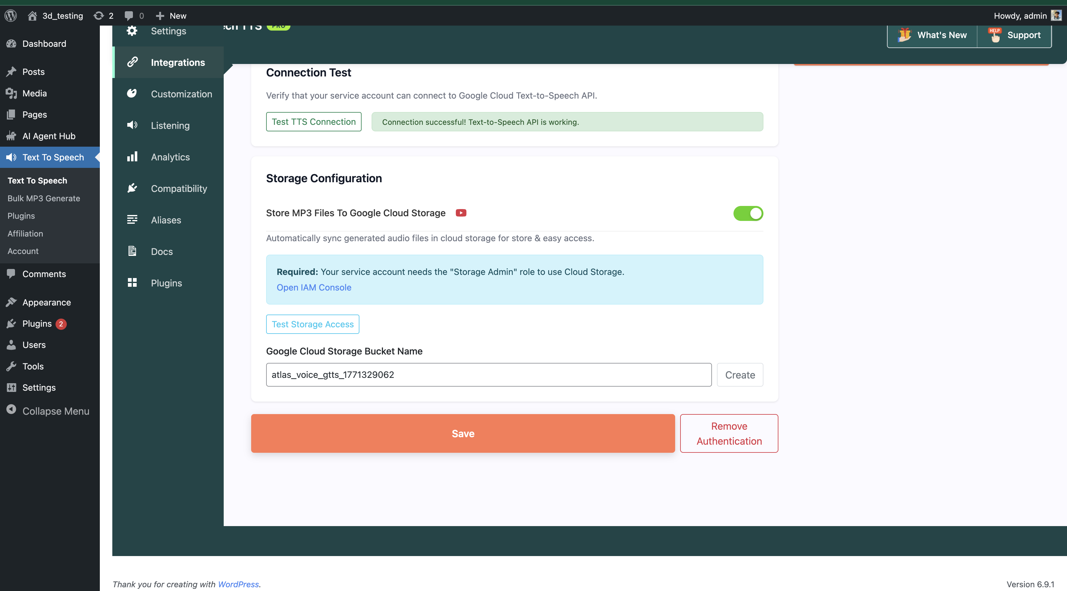Settings page with content controls, exclusions, and post type selection.