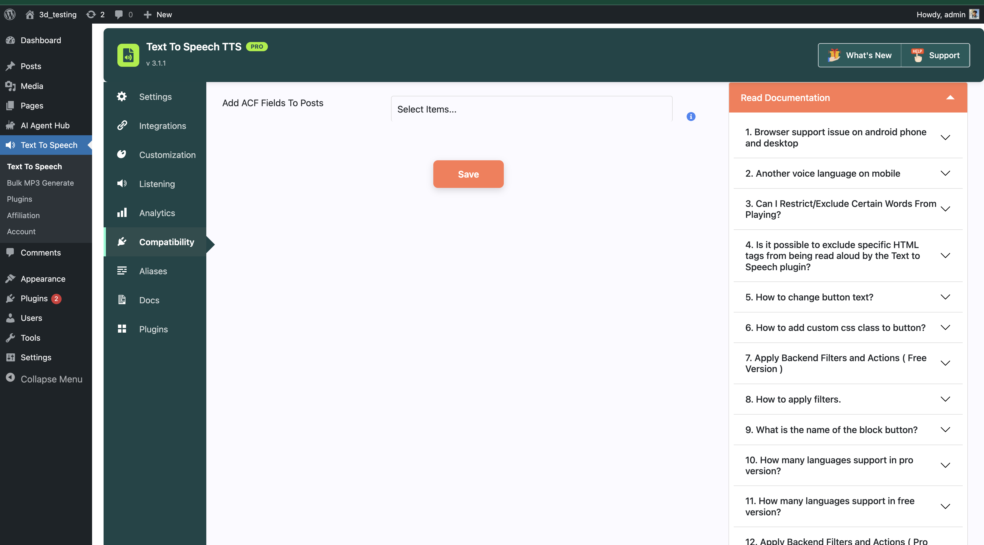 Bulk MP3 generation from the WordPress posts list.