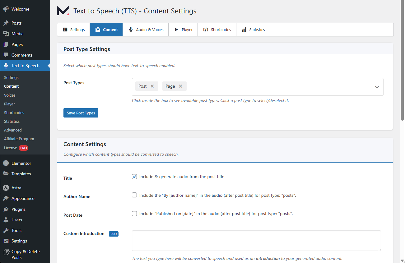 Audio Settings Page