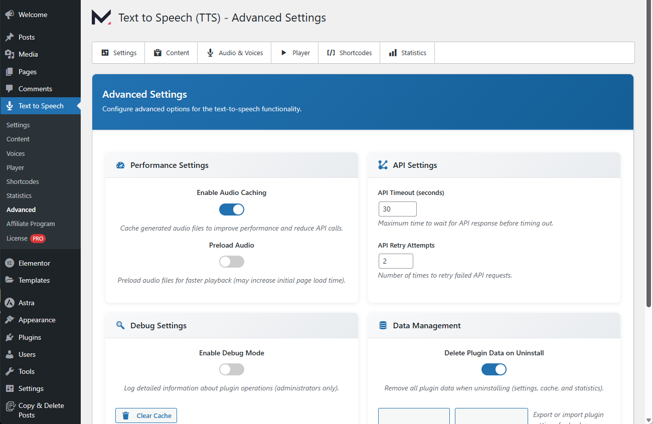 Shows the Posts page where you can Create Audio, Download or Re-Create your audio (Useful if you have made updates to your text).
