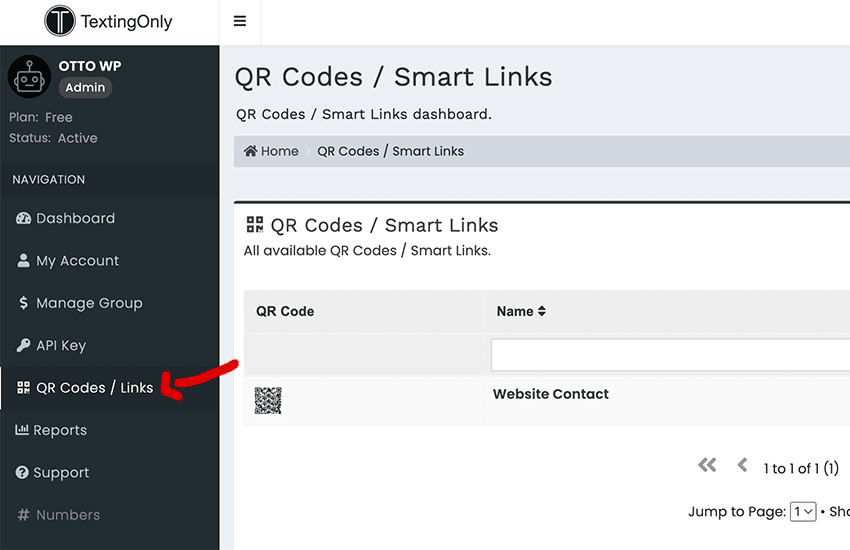 Within your TextingOnly account, navigate to "QR Codes/Links" and set up your first link details (phone number, initial message, etc.).