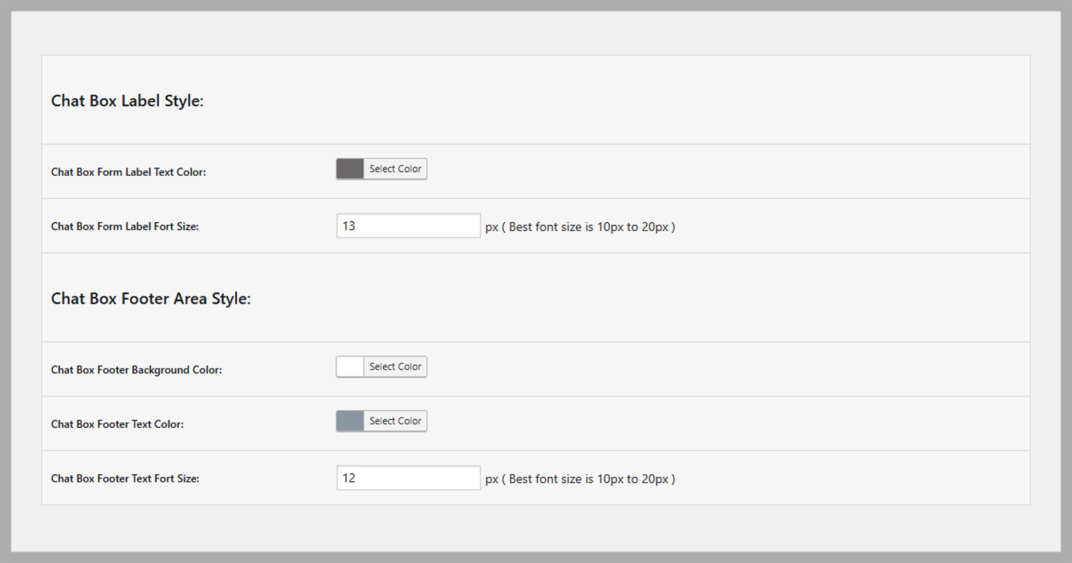 Chat Box Label/Footer Area Style Settings.
