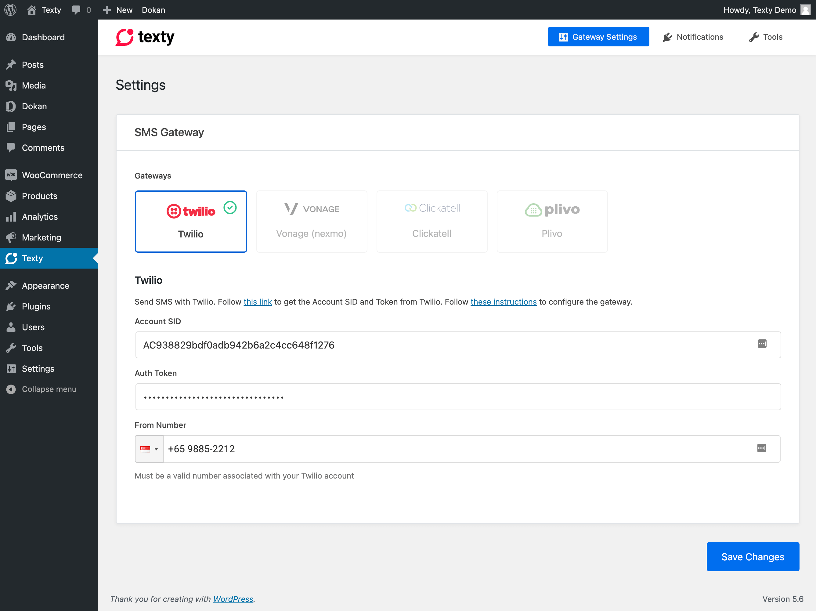 Gateway settings page