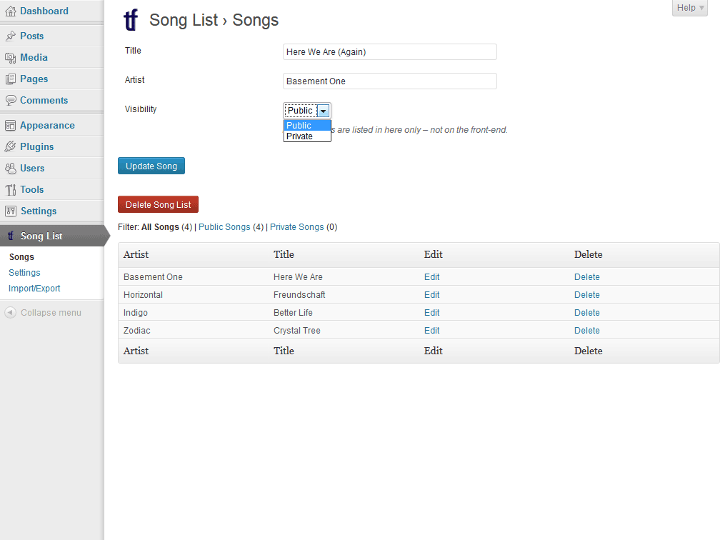 **Songs page** - Here you can view the song list, add new songs, edit or delete existing ones, or even delete the entire song list itself.