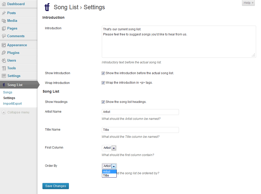 **Settings page** - Here you can customize the introduction to the actual song list, the names for the *Artist* and *Title* columns, the sorting and the like.