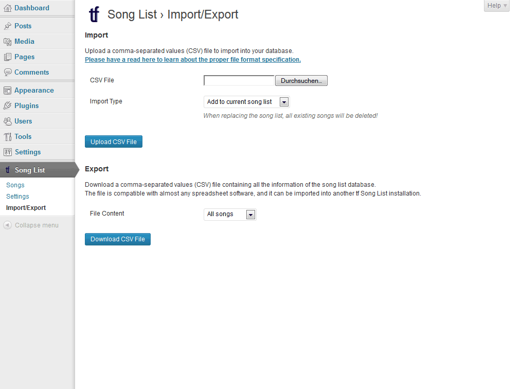 **Import/Export page** - Here you can import songs from a CSV file, or export your current list to a CSV file.