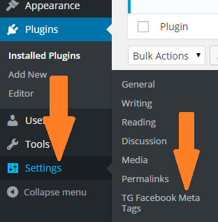 How to access TG Facebook Meta Tags plugin settings interface from admin screen of your WordPress website.