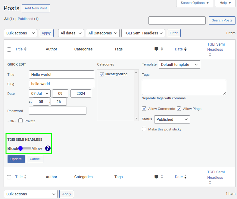 Use quick edit to set the allow status for a post/page