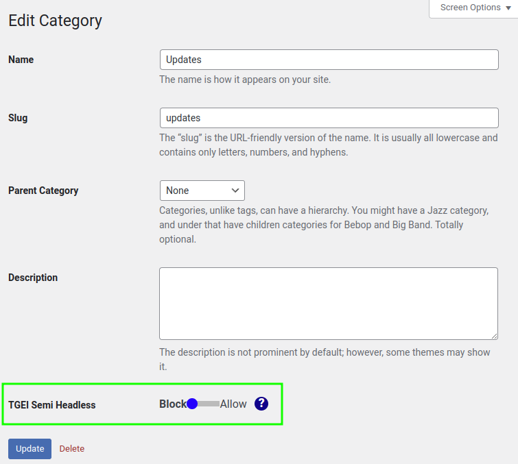 Set the alow status of categories/tags in it's edit page