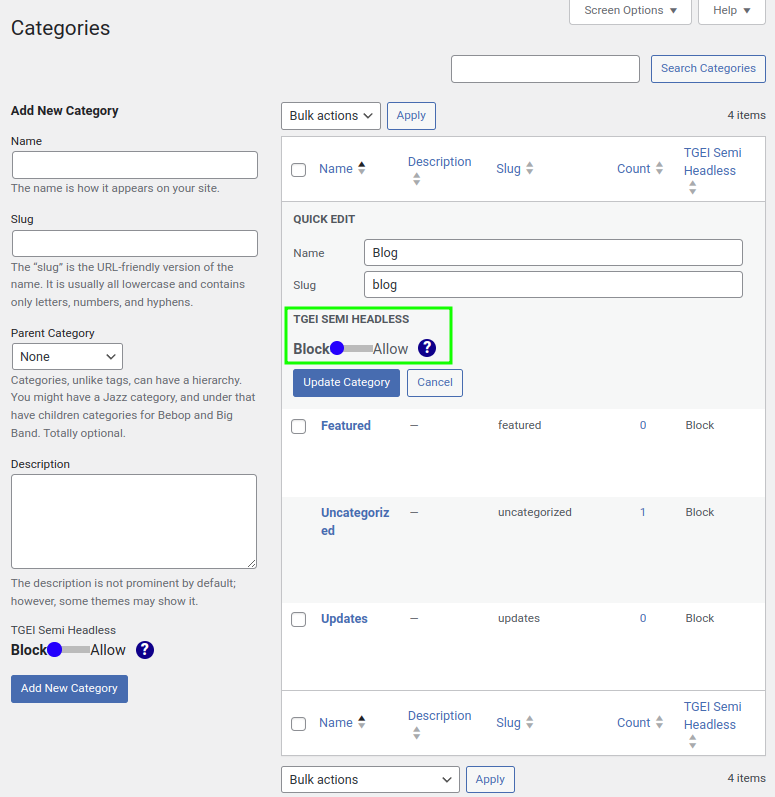 Use quick edit to set the allow status for categories/tags