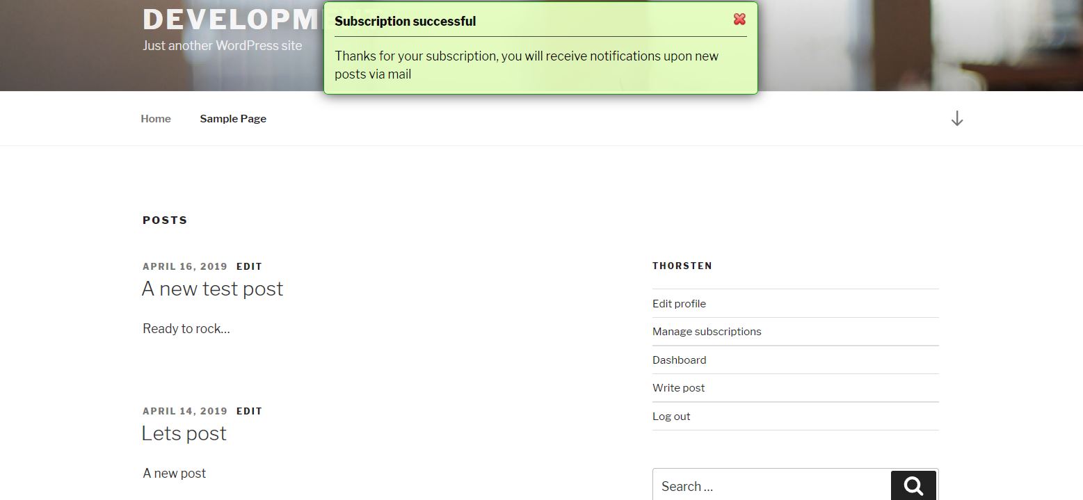 Successful subscription indicated via overlay message