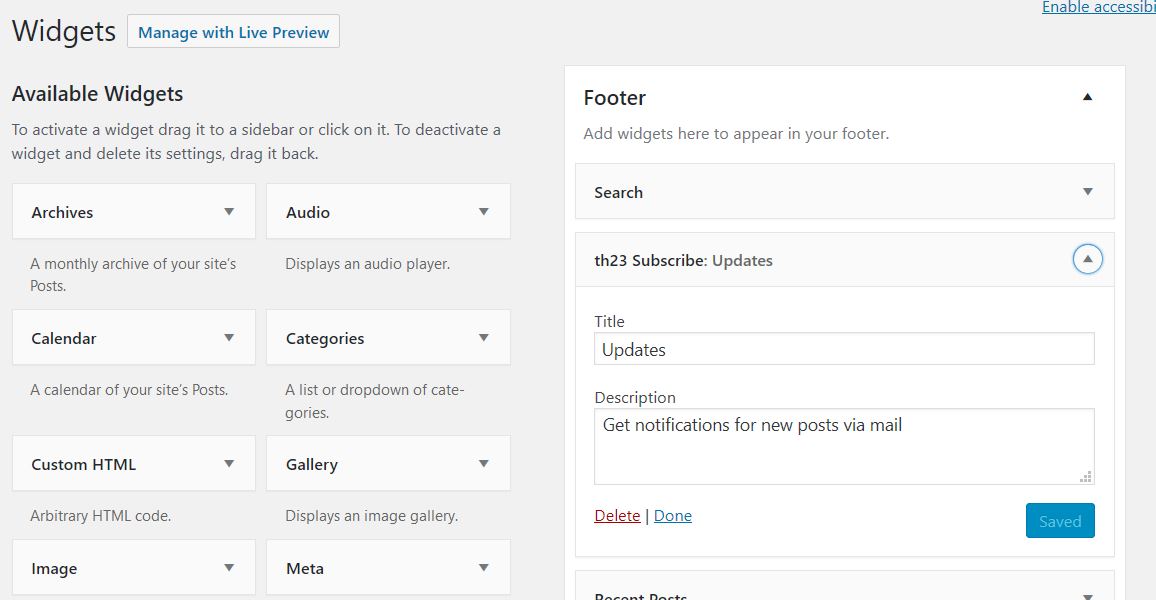 Widget provided for subscriptions (admin area)