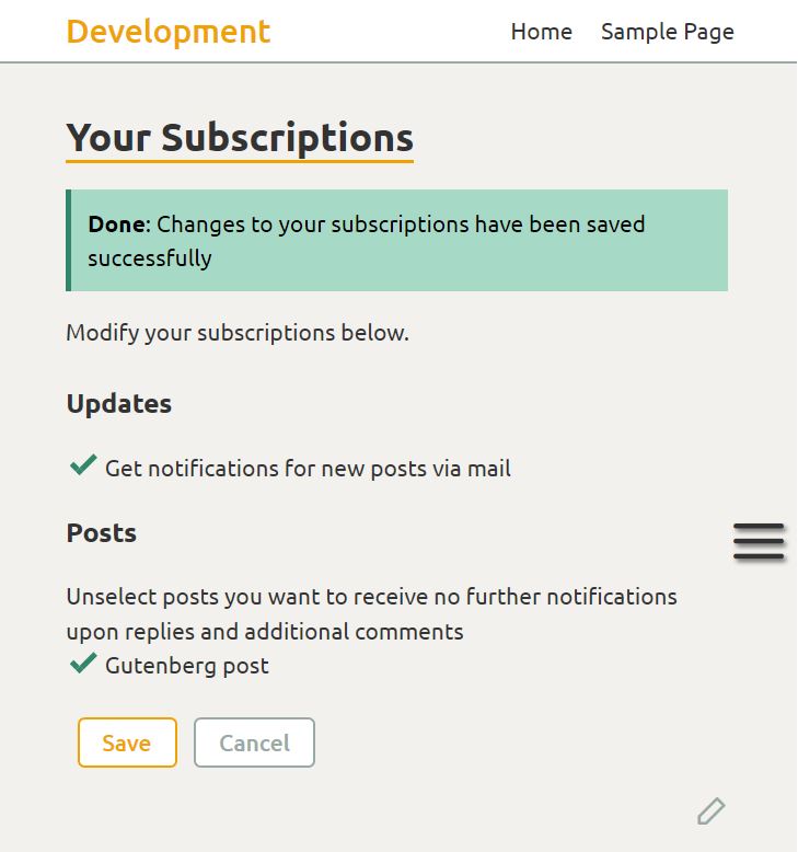Subscriptions management page on frontend via th23 User Management plugin (custom theme), for registered user