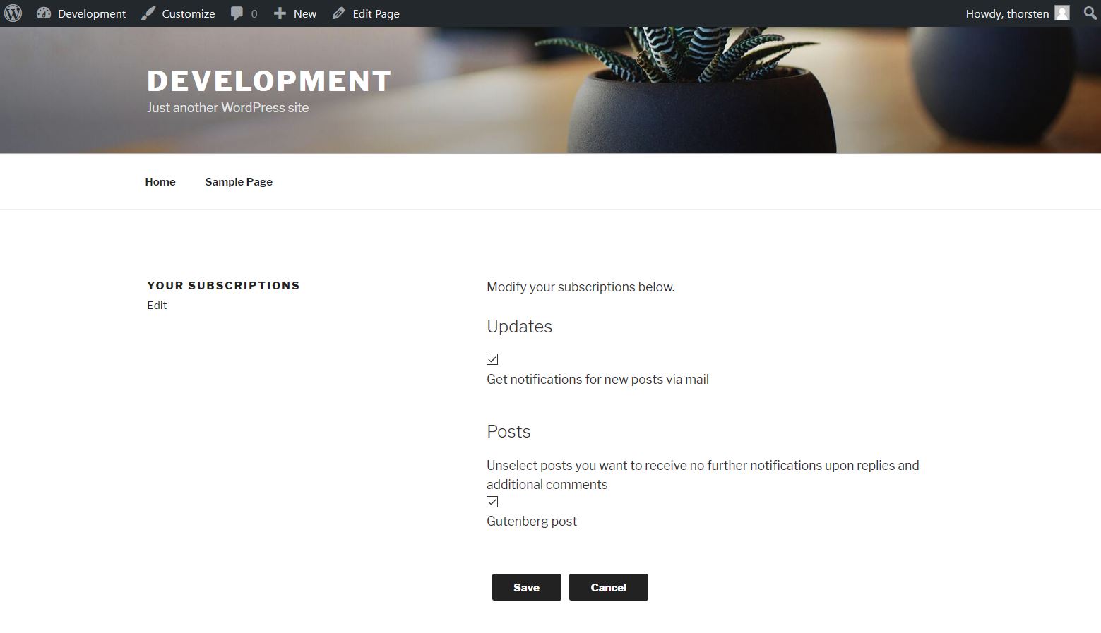 Subscriptions management page on frontend via th23 User Management plugin (2017 default theme), for registered user