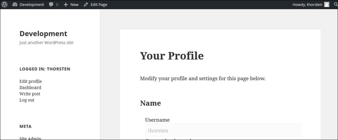 Seamless inclusion of user management actions - here user profile page, including a dedicated widget for direct access by users via frontend (here on Twenty Fifteen theme)
