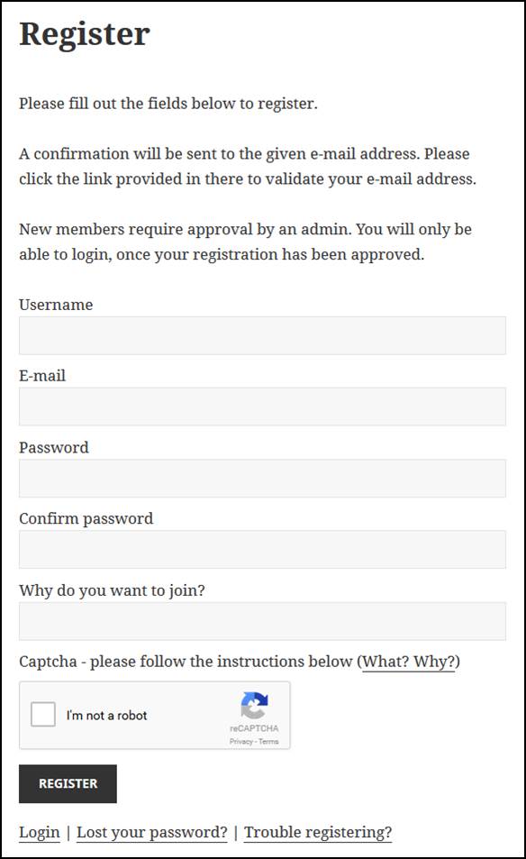 Nicely themed user registration page - optionally including user chosen password and increased security against bots/ spam through captcha (here on Twenty Fifteen theme)