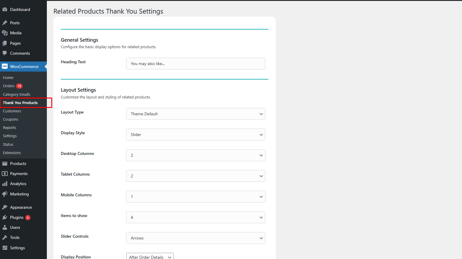 Admin settings panel with layout and display options