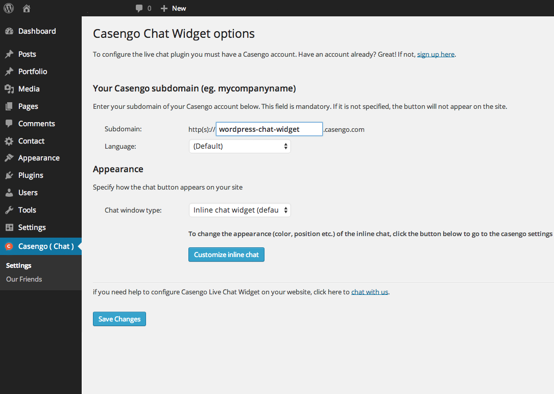 Plugin admin page of Casengo Live Chat widget