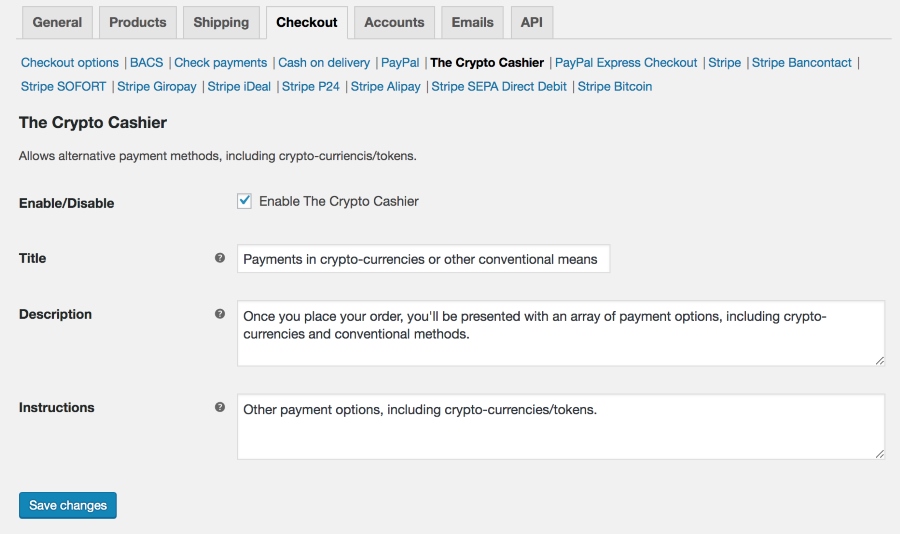 The WooCommerce (version 3.3.4) administration panel showing The Crypto Cashier payment gateway settings, which is under the Checkout tab.