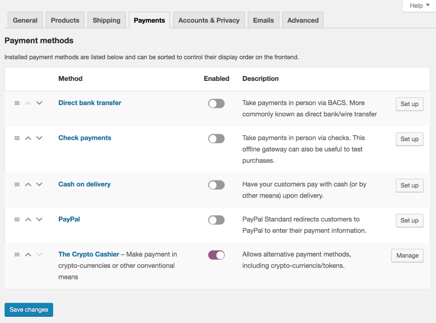 The WooCommerce (version 3.5.5) administration panel showing The Crypto Cashier payment gateway option, which is under the Payments tab.