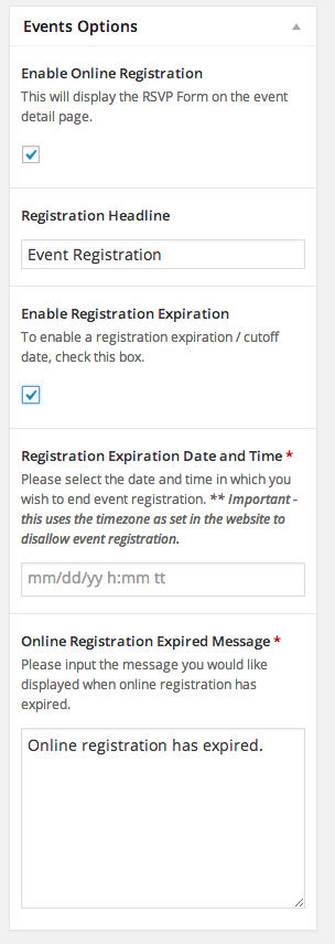 Edit event widget, which allows disabling event registration on a per event basis, as well as specifying when event registration will end and the message to be shown when the registration period has ended.