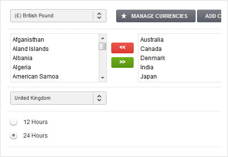 Manage Currencies, Countries, Time format and more.
