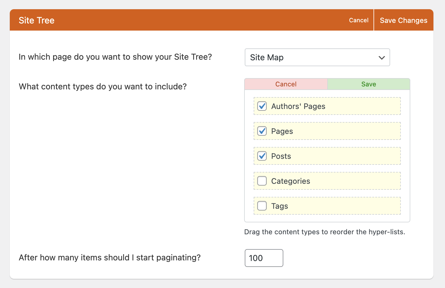 Drag-and-drop reordering of the hyper-lists composing the Site Tree.