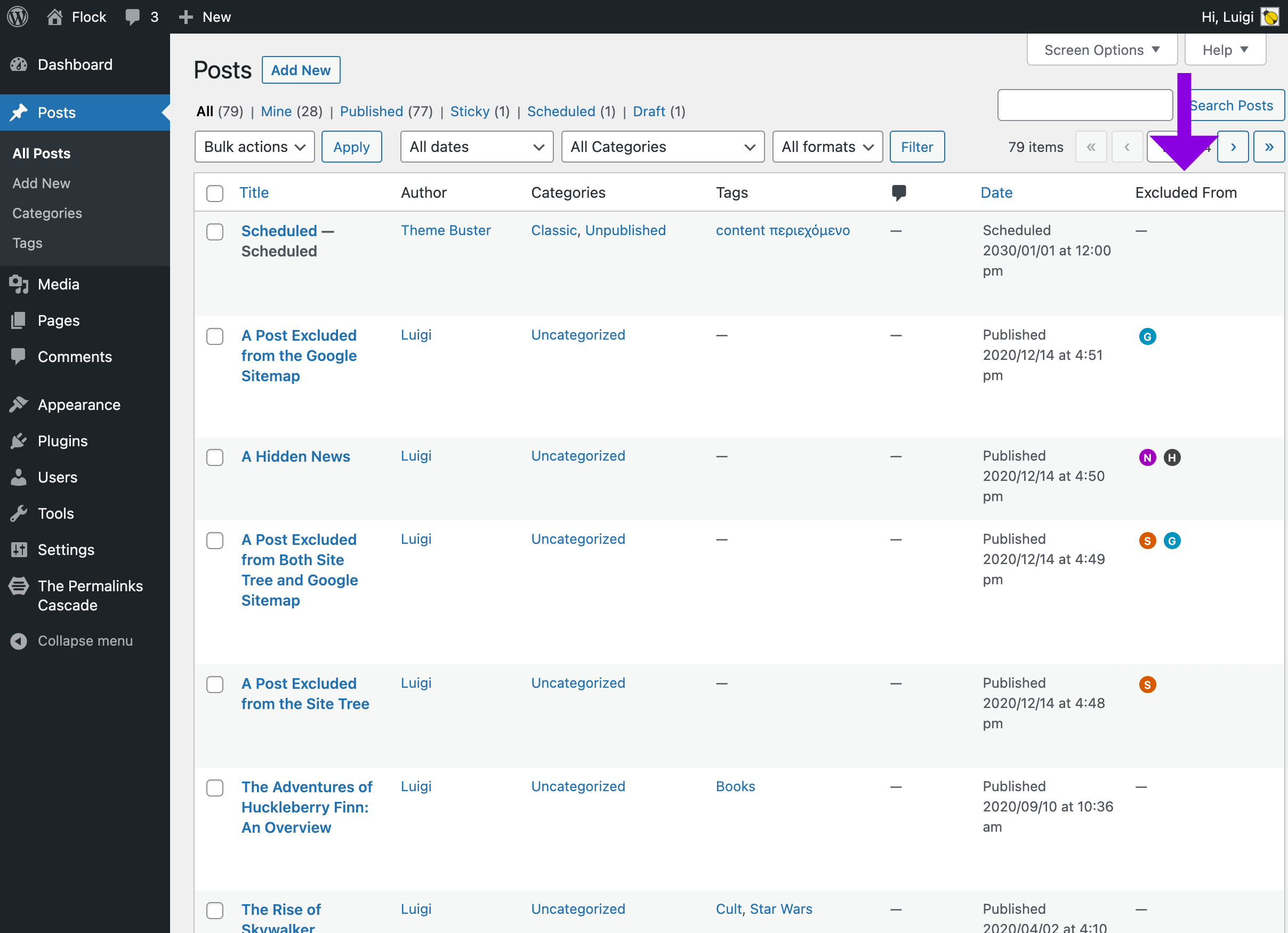 The badges in the 'Excluded From' column represent the resources from which a web page has been excluded.
