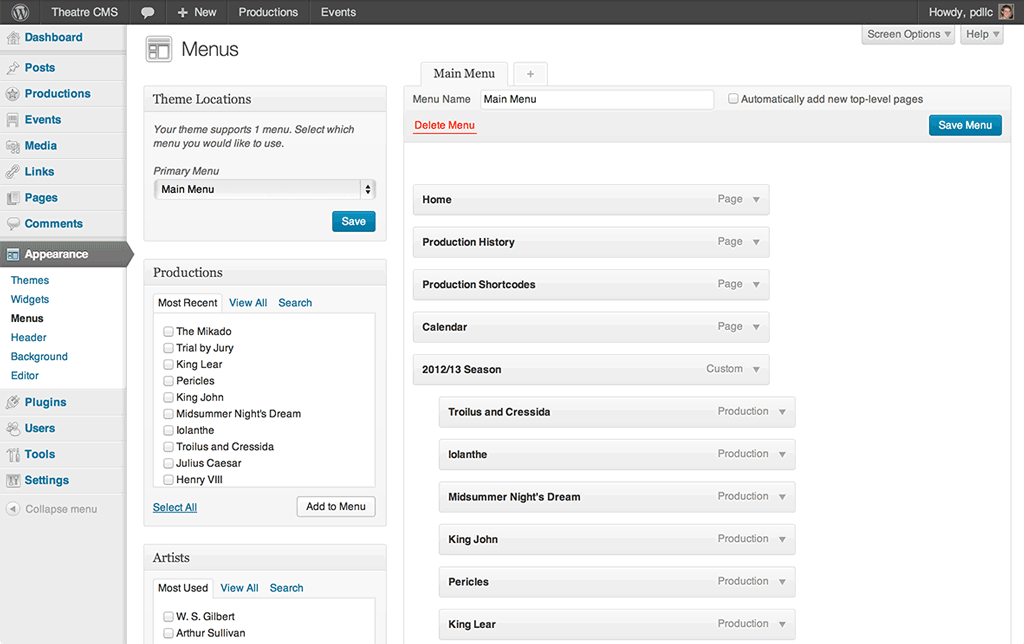 Add productions, events, and artists directly to WordPress menus.