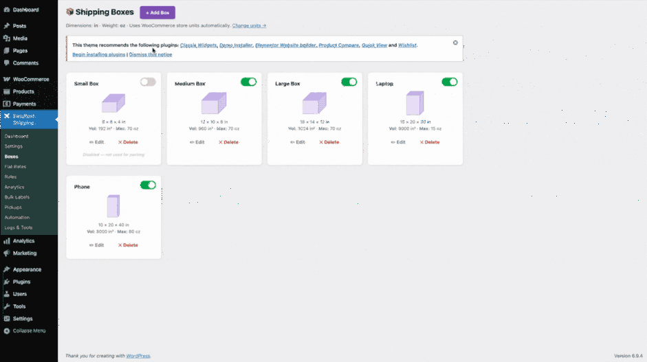 Plugin Settings — configure your EasyPost API key, origin address, carrier services, and packing options