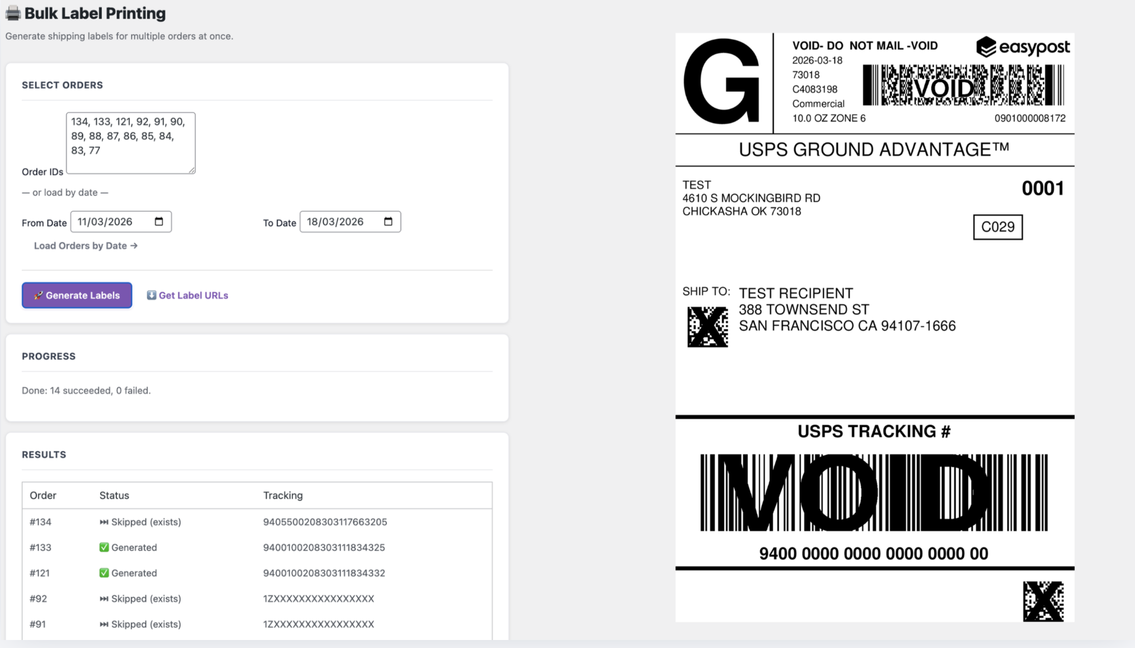 Bulk Label Printing — generate labels for multiple orders at once with progress tracking