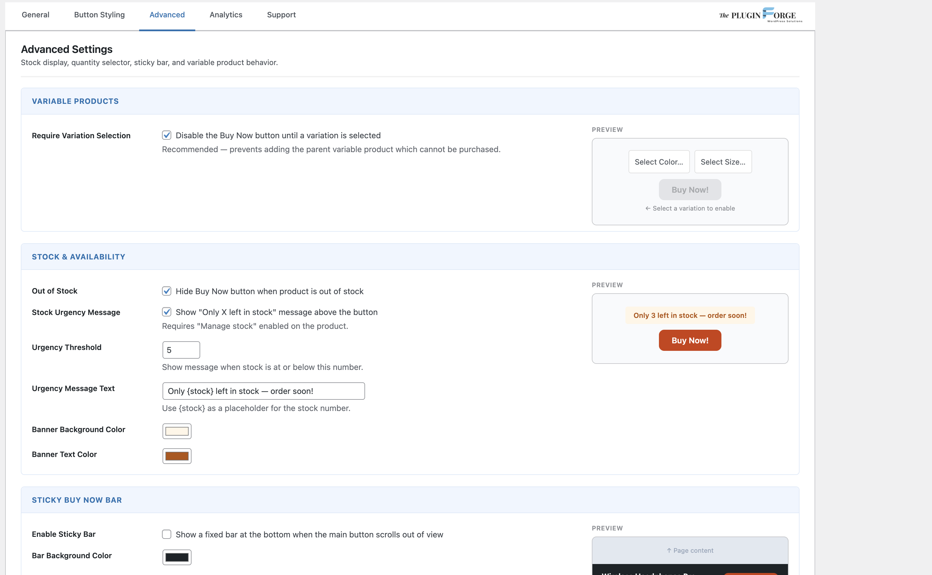 Advanced Settings — Variable Products and Stock & Availability with previews