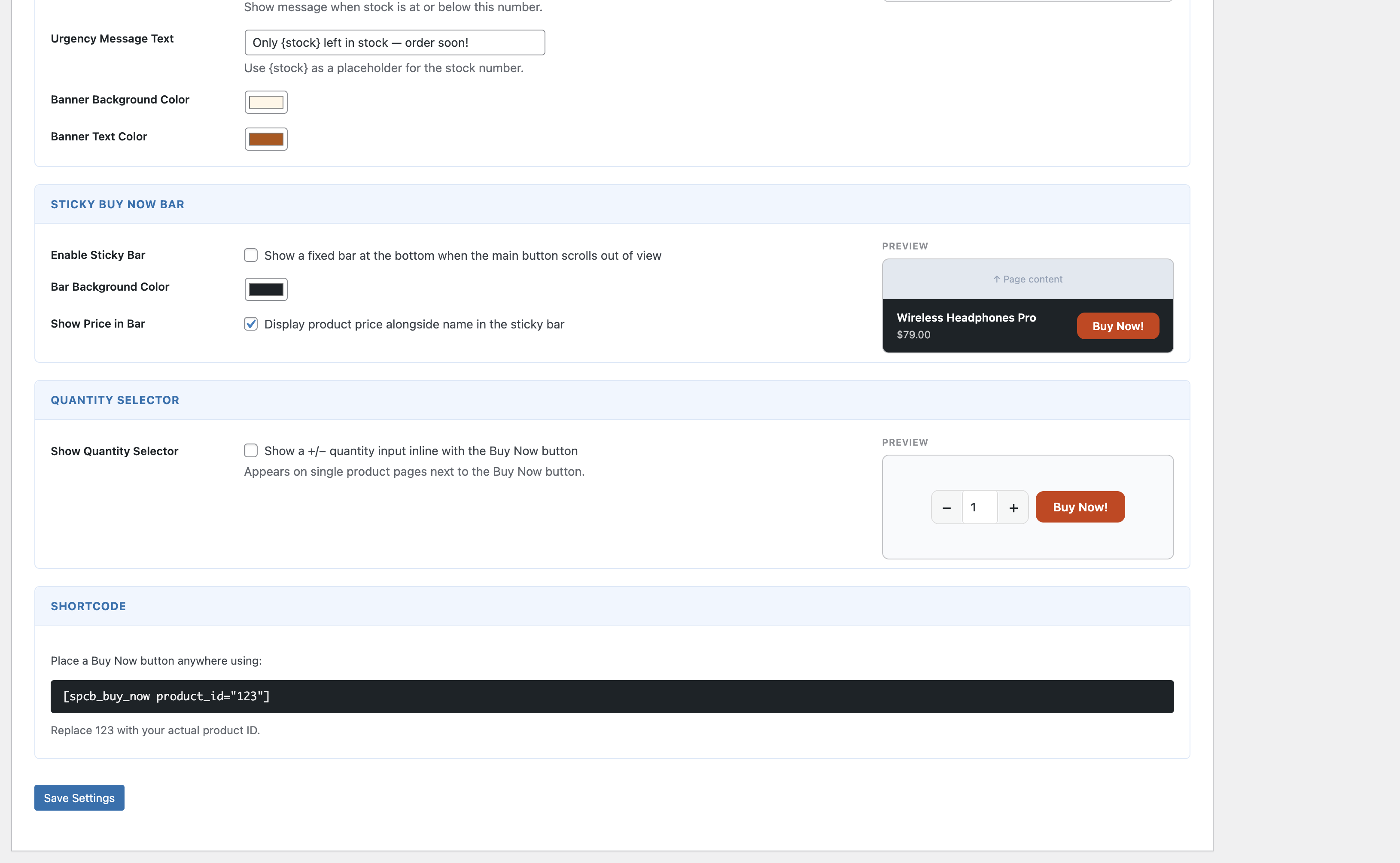 Advanced Settings — Sticky Bar and Quantity Selector with previews